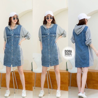 🌈🌿🌸🌺🌼💙🇰🇷Jeans Patch Cotton Hood Long Sleeve Dress