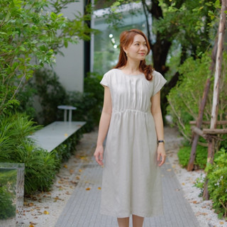 Motherowl - Maternity Short Sleeve Flared Dress - เดรสให้นมแบบเปิดซิป ผ้าลินิน 100%/ ชุดคู่แม่ลูก