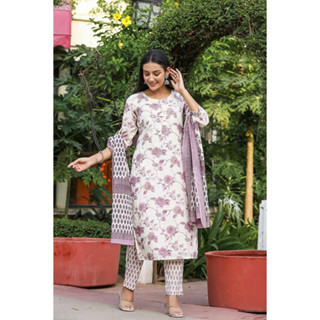 🔹️🔹️((งานแบรนด์))🔹️🔹️ ชุดอินเดียลายพิมพ์สวยๆ LIGHT PURPLE FLORAL PRINT COTTON KURTA PANT SET WITH DUPATTA