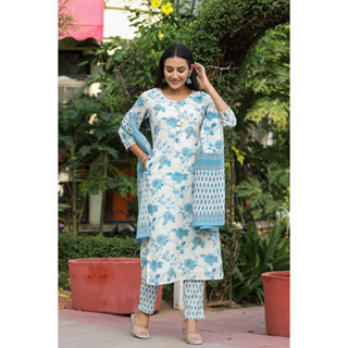 🔹️🔹️((งานแบรนด์)) 🔹️🔹️ชุดอินเดียลายสวย SKY BLUE FLORAL PRINT COTTON KURTA PANT SET WITH DUPATTA