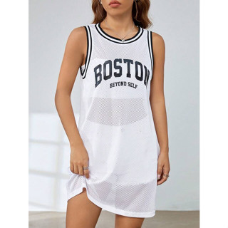 [SIS.SIE พร้อมส่ง] SHEIN เสื้อกล้ามยาว เดรสตาข่าย เสื้อคลุม แนวสปอร์ต พิมพ์ลายอักษร BOSTON