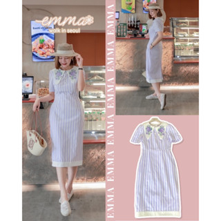 🌈🌿🌸🌺🌼💜🇰🇷 Cotton Linen Stripe Embroidery Floral Collar Maxi Dres