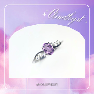 แหวนเงินแท้ 925 ฝังพลอยอเมทิสต์(Amethyst) บ่าข้างเพชร cz พร้อมส่งไซส์ #54