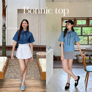 AGLEAMIN3011 | Bonnie top 02 เสื้อเชิ้ตแขนสั้นคอปกสียีนส์ แถมฟรีเชือกผูกโบสีดำ