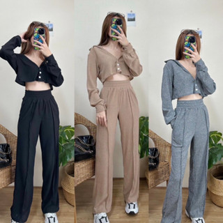 BFTS🧡 พร้อมส่ง AU2402 Kimber Set ชุดเซ็ทเสื้อแขนยาวคอปก ไขว้หลัง กระดุมหน้า กางเกงขายาว มีปลายทาง ชุดไปทะเล เดรส เสื้อยื