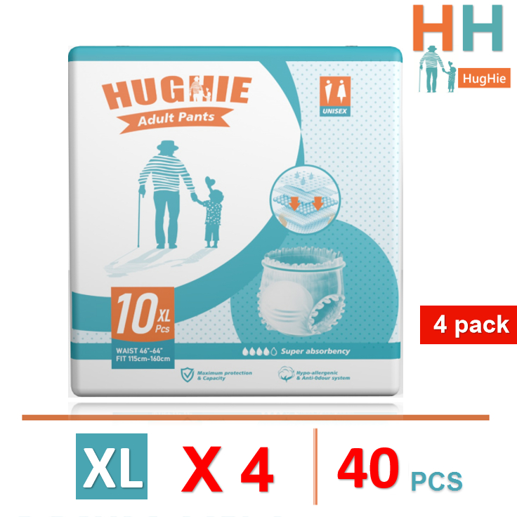 [สินค้าใหม่] HugHIe ผ้าอ้อมผู้ใหญ่ สูตรบางเบา มีอัตราการดูดซึมสูง 2000CC XL/4pack（40pcs）กางเกง