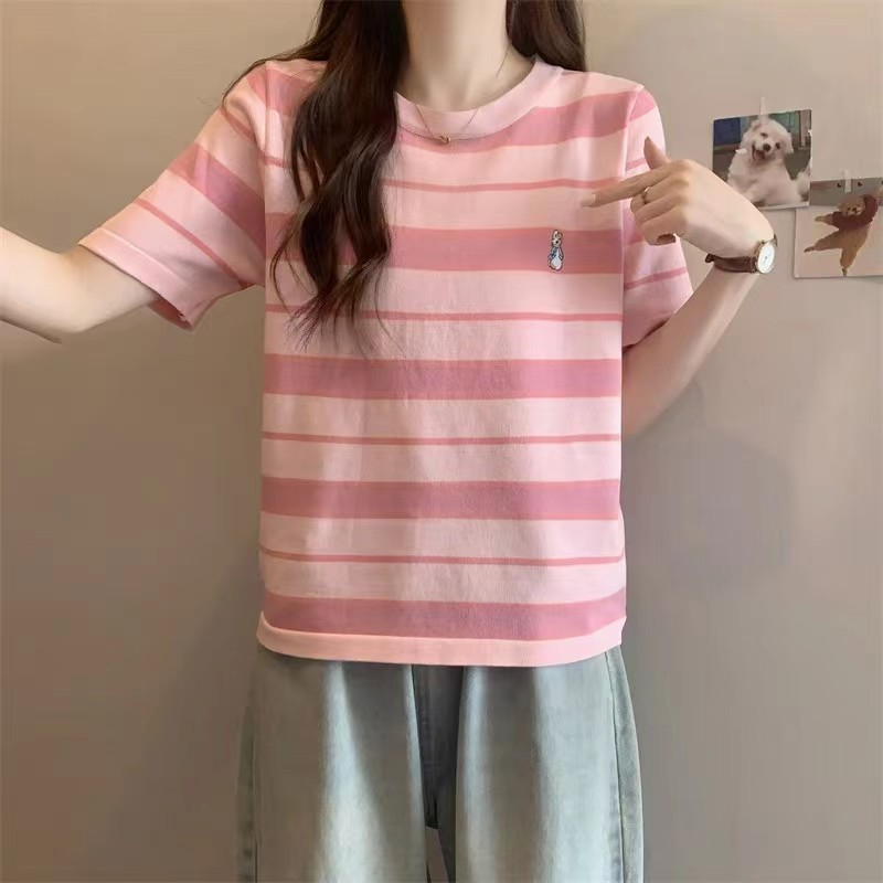 3019# เสื้อยืดแฟชั่นผู้หญิง ลายปักการ์ตูน หลวมใส่สบาย ลายริ้ว น่ารักๆ