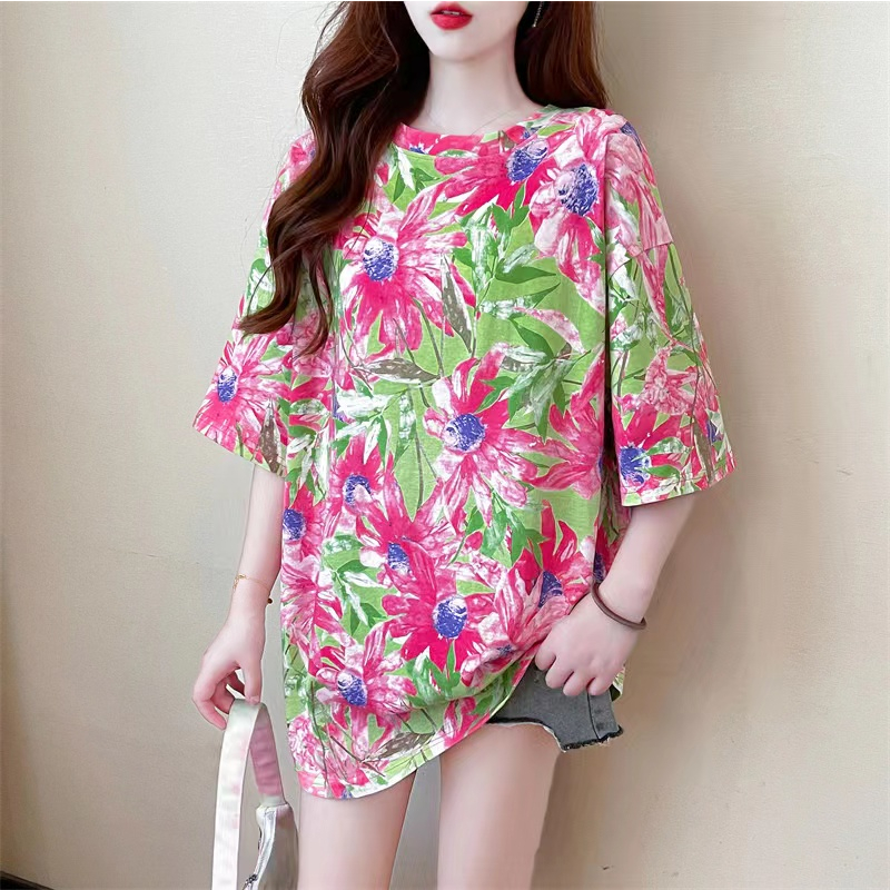 965# เสื้อยืดแฟชั่นผู้หญิง หลวมใส่สบาย พิมพ์ลายดอกไม้ น่ารักๆ สไตล์เกาหลี