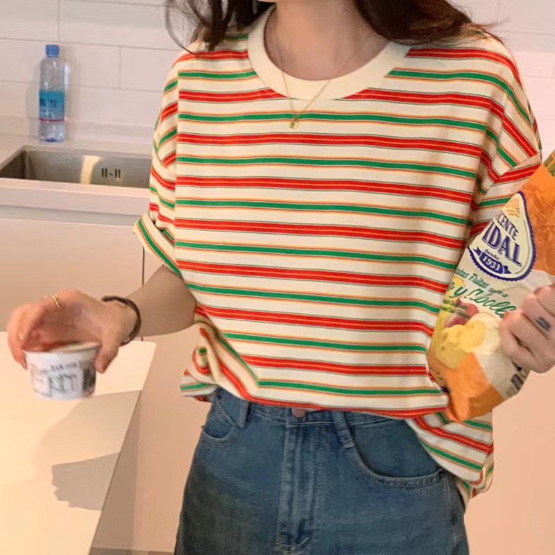 3018# เสื้อยืดแฟชั่นผู้หญิง หลวมใส่สบาย ลายทาง น่ารักๆ