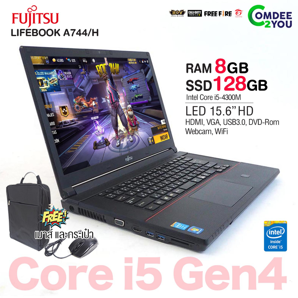 โน๊ตบุ๊ค Fujitsu LifeBook A744/H Core i5 Gen4 RAM 4-8GB HDD/SSD มี HDMI, WiFi, Bluetooth, Webcam สภา