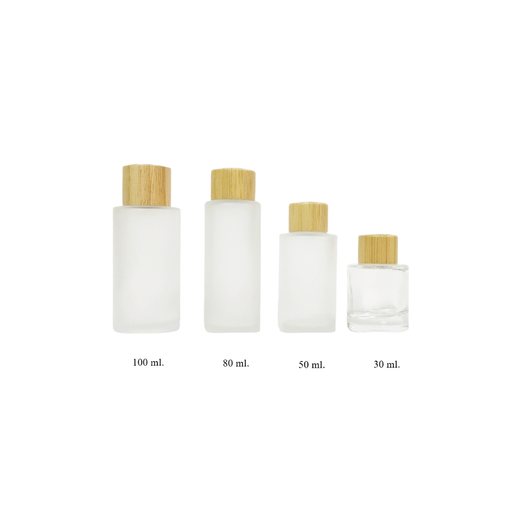 Diffuser Bottles ขวดก้านไม้กระจายกลิ่น ขวดเปล่าทรงกลมพร้อมฝาไม้ สี Frost ขนาด 100 ml. และ 50 ml.