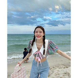 เสื้อครอปลายสก๊อตแขนตุ๊กตาน่ารักๆ เกาหลีเกาใจ💗