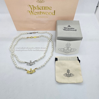 VIVIENNE WESTWOOD MINI BAS RELIEF PEARL CHOKER Hi end 1:1 สร้อยคอไข่มุกวิเวียน จี้ฝังเพชรดาวเสาร์  อะไหล่เงิน - ทอง