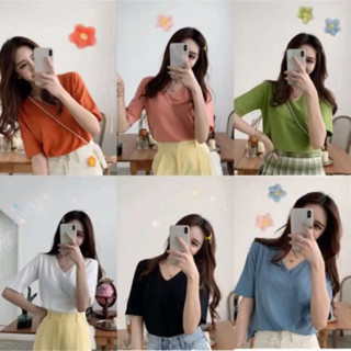 Maze*พร้อมส่ง*เสื้อไหมพรมคอวี แขนสองส่วน(8A45-1)