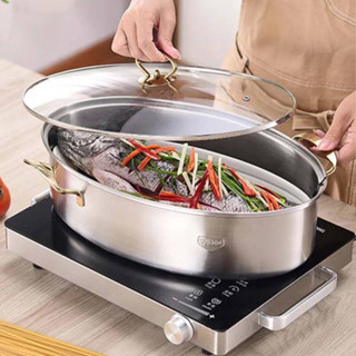 หม้อนึ่งปลาแตนเลส มีฝาปิดพร้อมจานนึ่ง หม้อนึ่งติ๋มซำ นึ่งปลา Thick 304 Stainless Steel 📌พร้อมส่ง