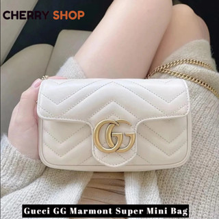 🍒กุชชี่ Gucci GG Marmont Quilted Super Mini Bag กระเป๋าสุภาพสตรี/กระเป๋าสะพายไหล่/กระเป๋าสะพายข้าง