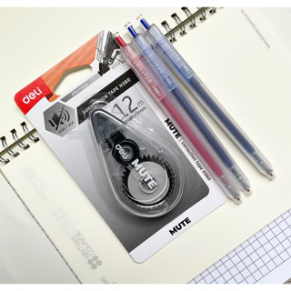 Deli minimal Pen SET ปากกาเจล (G118) หมึกน้ำเงิน แดง พร้อมเทปลบคำผิด (H360) เสียงเงียบ ความยาว 12 เมตร