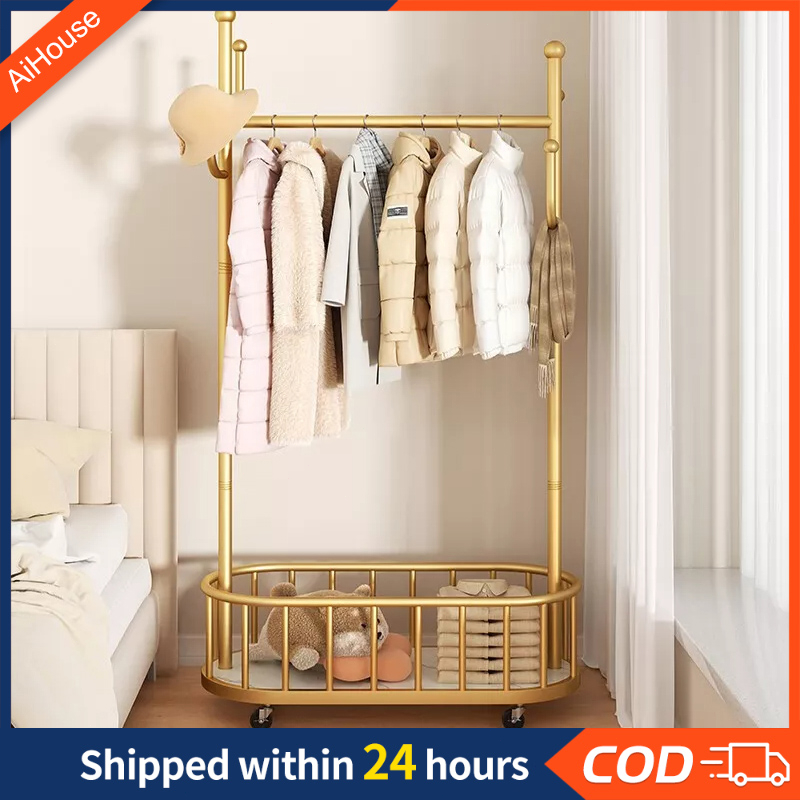 AiHouse ราวตากผ้าพร้อมล้อเลื่อน ไม้แขวนเสื้อง่าย ชั้นวางของชั้นยืน ชั้นวางเสื้อผ้าแขวนสำหรับห้องนอน