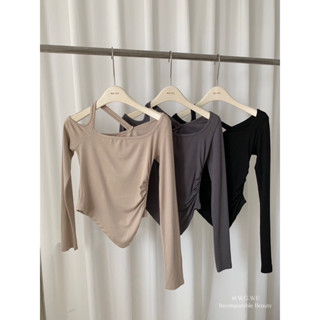 NN340 เสื้อแขนยาวปาดไหล่ คล้องคอดีไซน์เก๋ ชายเสื้อหางปลา  𝐖𝐆.𝐖𝐄🇰🇷