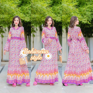 Sale Dress Bohemian ลดราคาพิเศษ ชุดเดรสยาวลายดอกไม้สไตล์โบฮีเมียน แม็กซี่เดรสใส่ออกงาน เสื้อผ้าสาวอวบ