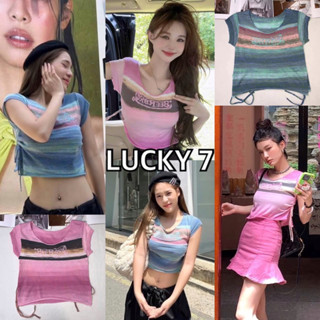 BY IRA Crop top เสื้อเชิ้ตแขนสั้น ผ้าถัก แบบบาง พิมพ์ลายตัวอักษร สีรุ้ง สไตล์เกาหลี แฟชั่นฤดูร้อน