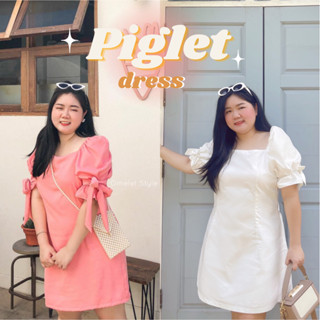 💖 Piglet Dress เดรสคอเหลี่ยม แขนพองผูกโบว์#เสื้อผ้าสาวอวบ Plussize