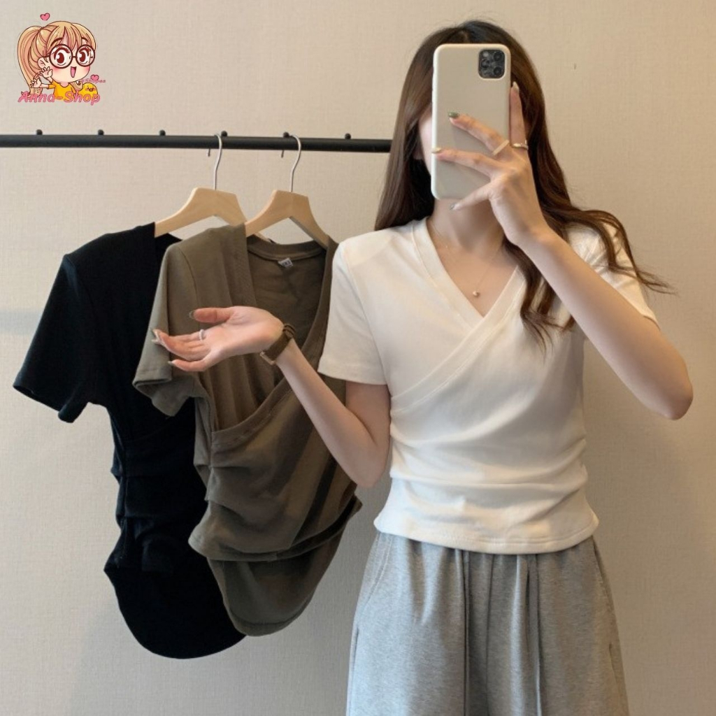 annacny เสื้อคอวีดีเทลไขว้เปิดเนินอก เสื้อสีพื้นเก๋ๆ เหมาะกับทุกไลฟ์สไตล์ พร้อมส่งจากไทย TS1088