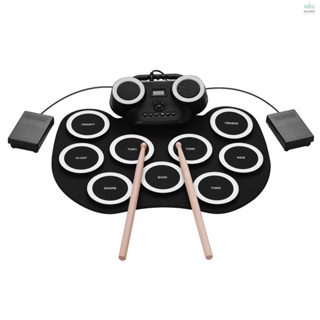 กลองชุด แผ่นกลองไฟฟ้า ซิลิโคน กลองชุด แบบพกพา Electric Drum Pad Kit Digital Drum,u แบตเตอรี่ลิเธียมในตัวพร้อมแตร ไฟกะพริ