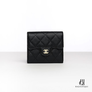 NEW CHANEL TRI FOLD WALLET SHORT BLACK CAVIAR GHW