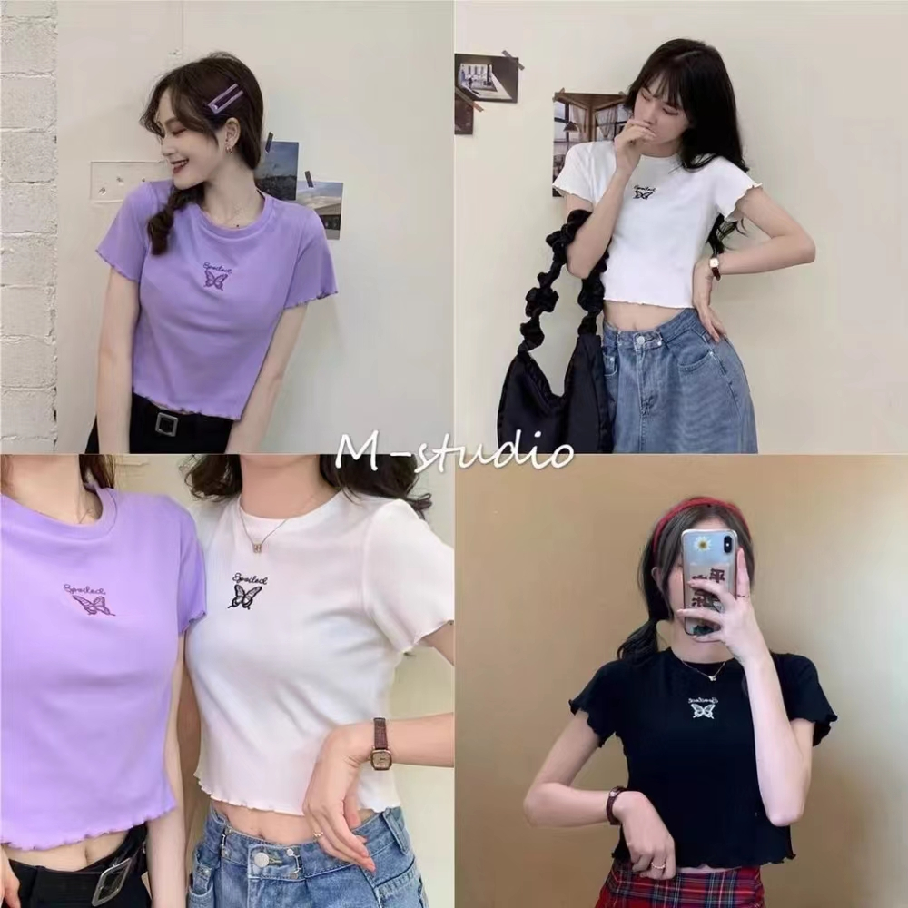 Maze พร้อมส่ง เสื้อยืดแขนสั้นปักลายผีเสื้อ (5150)