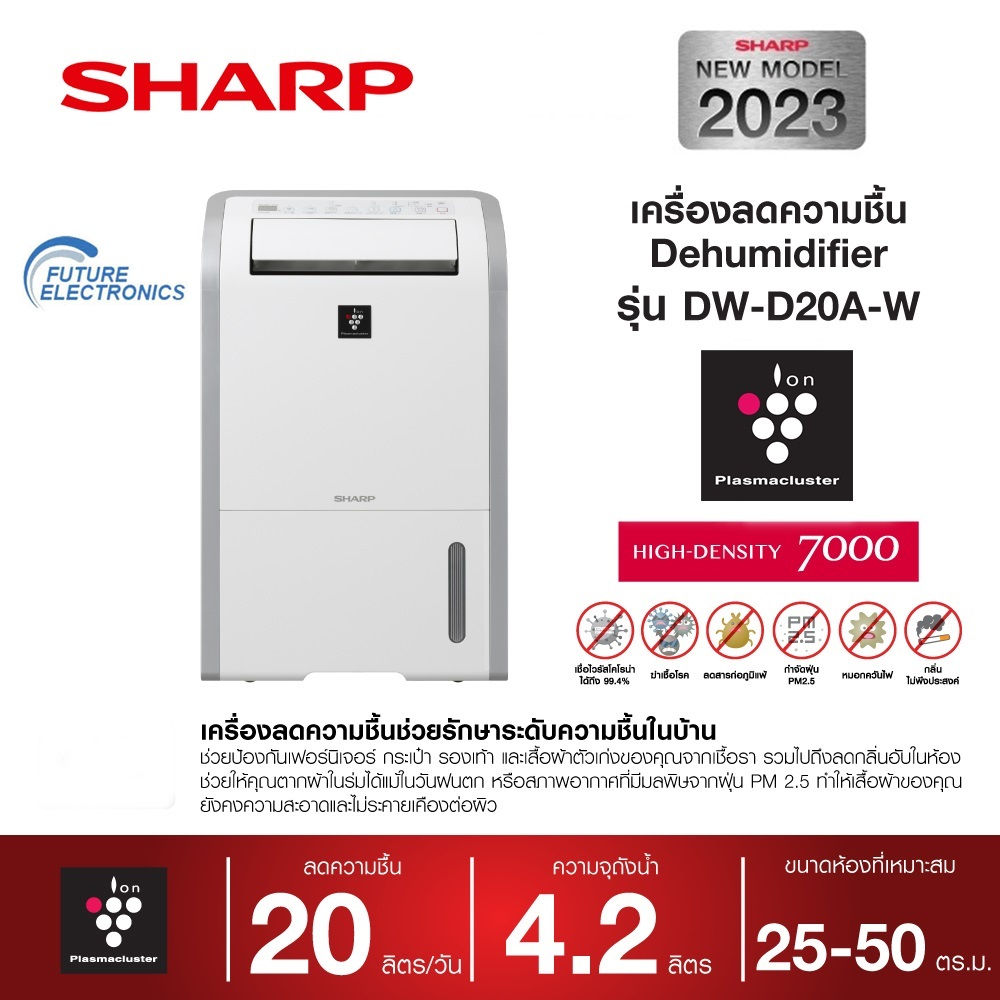 SHARP เครื่องลดความชื้น รุ่น DW-D20A-W ขนาดถังน้ำ 4.2 ลิตร ขนาดห้อง 50 ตารางเมตร