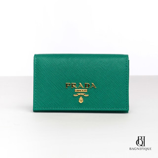 NEW PRADA CARD HOLDER SHORT GREEN SAFFIANO GHW