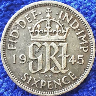 เหรียญ​อังกฤษ​ UK, 6 Pence, ยุค​ George​VI, (เนื้อ​เงิน​ Silver), #​2921T, ใช้แล้ว