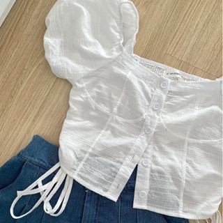 T.cute (พร้อมส่ง) เซ็ต เสื้อแขนตุ๊กตารูดเอว แมทกางเกงขาสั้นสีเข้มจีบหน้า ขายแยกด้วย