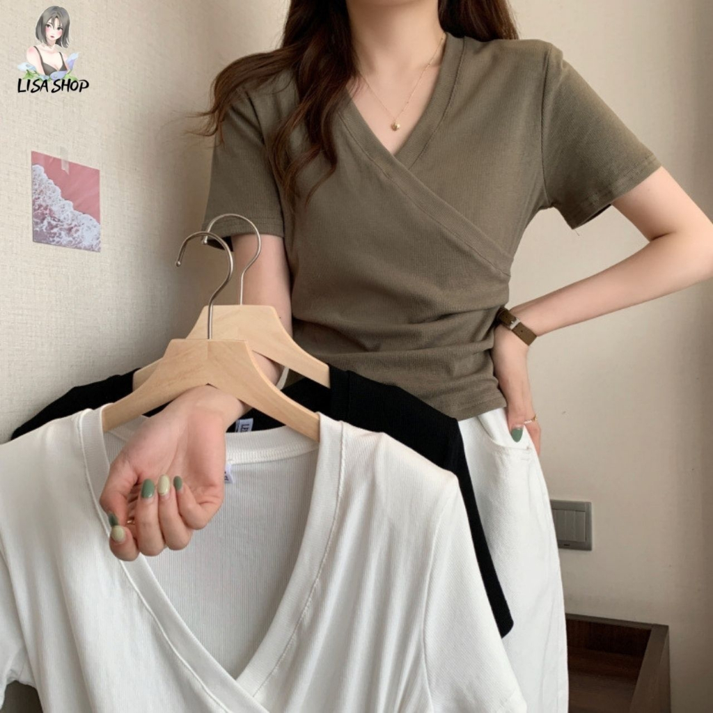พร้อมส่ง เสื้อคอวีดีเทลไขว้เปิดเนินอก เสื้อสีพื้นเก๋ๆ เหมาะกับทุกไลฟ์สไตล์ TS1088
