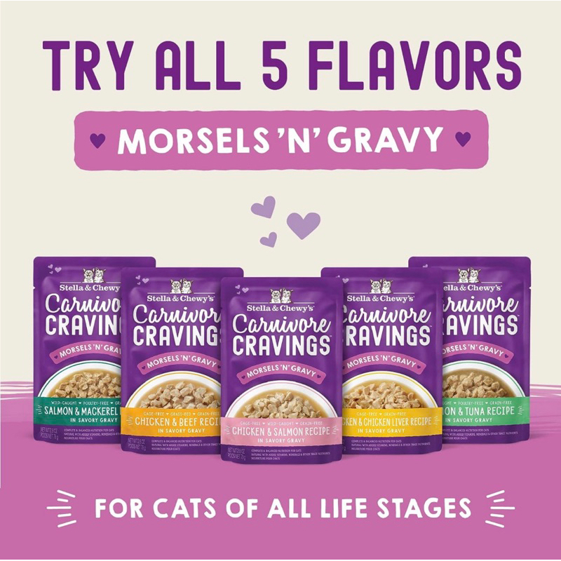 พร้อมส่ง ✅1 แถม1 (สูตรใหม่) 80 g Stella & Chewy's Carnivore Craving Morsel in Gravy Pouch
