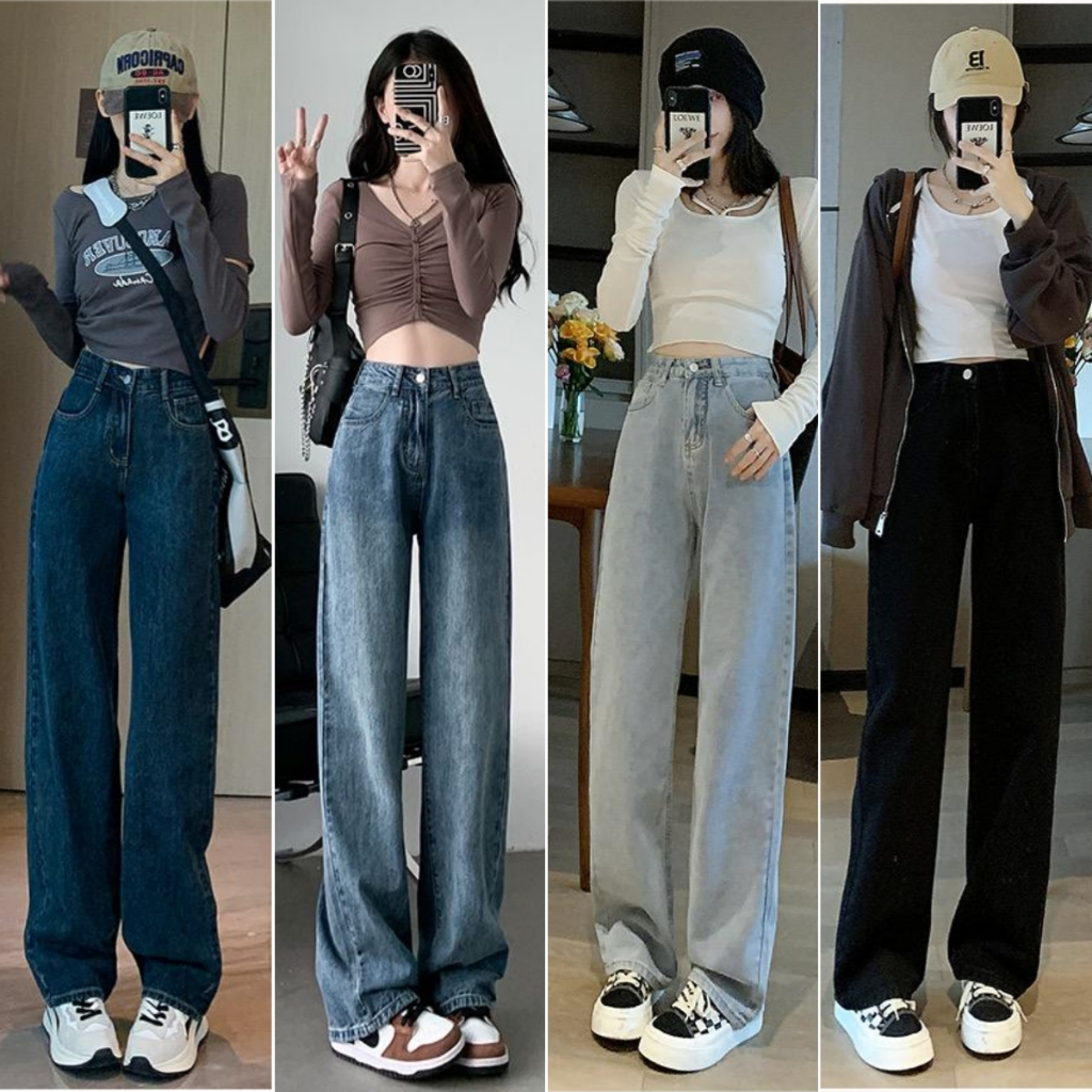 กางเกงยีนส์กระบอกเอวสูงหญิงใหม่ปี 2023 6สี กางเกงซับขาตรงเรโทร S-XXL