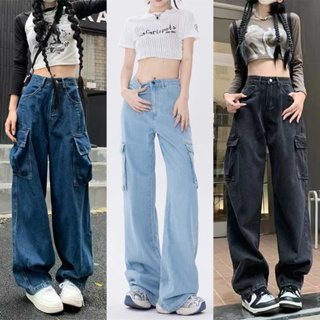 เกงยีนส์คาร์โก้ กางเกงคาร์โก้ ทรงกระบอกกลาง สีฟ้าอ่อน สียีนส…