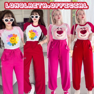 set2ชิ้น เสื้อครอปแขนสั้นตัดแต่งสีทูโทนปักลายดอกไม้กับลายหมีlotso+กางเกงขายาวจั้มปลายขา ชุดตามหา razzi