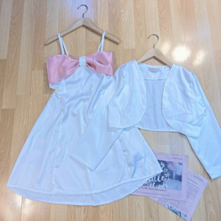 ❣️ W131 ชุดเซตมินิเดรสสายเดี่ยวแต่งโบว์+เสื้อคลุมครอปแขนยาว