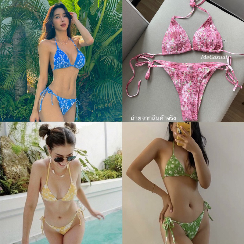 พร้อมส่ง บิกินี่ ชุดว่ายน้ำลายดอก สายฝอ bikini ผ้าย่นๆ แบบมัดเชือก