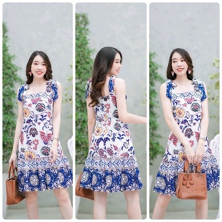 Mini dress ผูกไหล่แบบผูกเอง ลายดอกเชิง ลายผ้าสวยๆใส่ได้ตลอด มีซิปซ่อนด้านหลัง มีซับใน