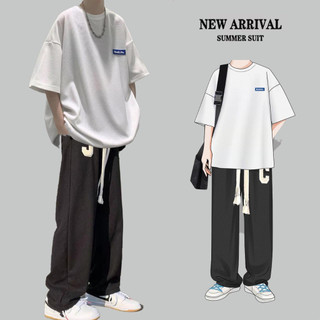 เสื้อยืดคอกลมผู้ชายรูปแบบโลโก้ผ้าวาฟเฟิลชุดคู่รักสไตล์เกาหลี