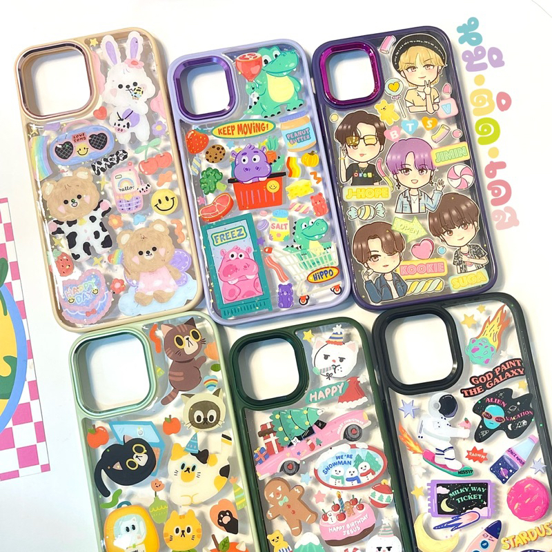 เคสH เคสขอบสีงานหนาพรีเมี่ยม + สติ๊กเกอร์ เคลือบเรซิ่น