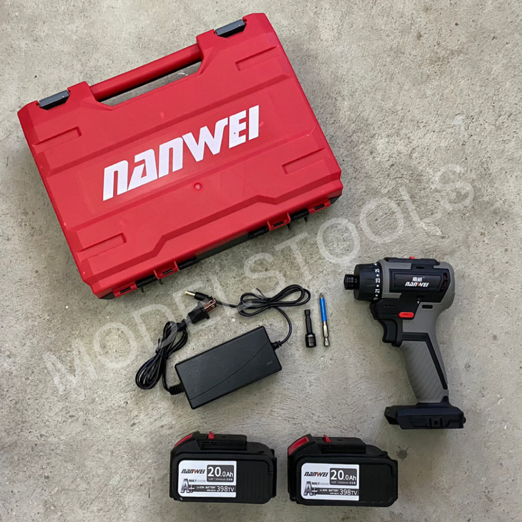 [ NANWEI ] สว่านไขควงแบตเตอร์รี่ไร้สาย 80 นิวตัน บัทเลส แถมชุดดอก