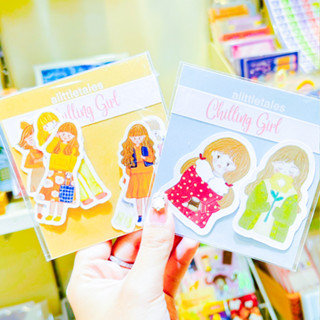 Die cut sticker ไดคัตสติกเกอร์ชุด Chilling girl สาวใสแสนน่ารักในอาร์ทสไตล์นิทานเด็กแสนอ่อนโยน [alittletales]