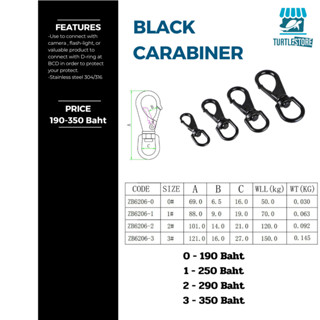 Black Carabiner Stainless steel 304 สีดำ ตะขอเกรดน้ำทะเล ไม่เป็นสนิม แข็งแรง พร้อมส่ง