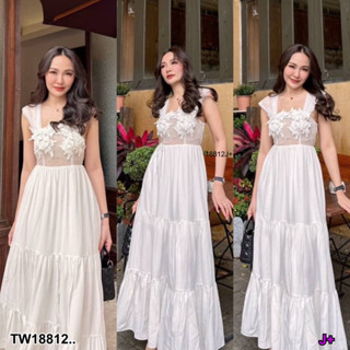 J18812 เดรสยาวช่วงบนแขนผ้ามุ้ง ตัวมุ้งซีทูแต่งดอกไม้แปะอก Long dress, see-through net, decorated with flowers