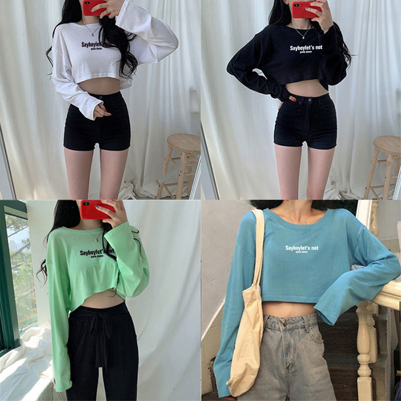 ☀️KSA☀️ เสื้อครอปแขนยาวคอกลมสไตล์เกาหลี เสื้อผ้ามินิมอลวัยรุ่น เสื้อยืดเอวลอยแฟชั่นผู้หญิงน่ารัก สกรีนลายตัวหนังสือ
