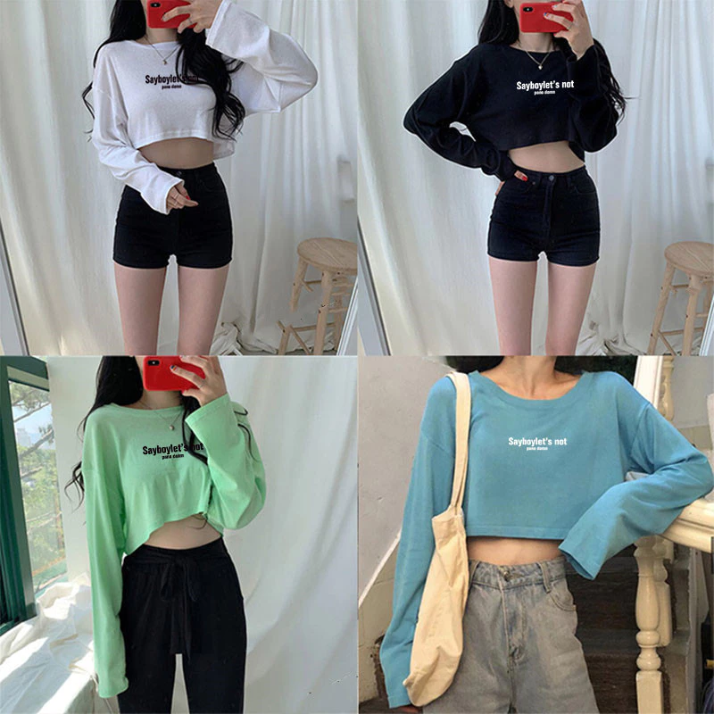 ☀️KSA☀️ เสื้อครอปแขนยาวคอกลมสไตล์เกาหลี เสื้อผ้ามินิมอลวัยรุ่น เสื้อยืดเอวลอยแฟชั่นผู้หญิงน่ารัก สกรีนลายตัวหนังสือ